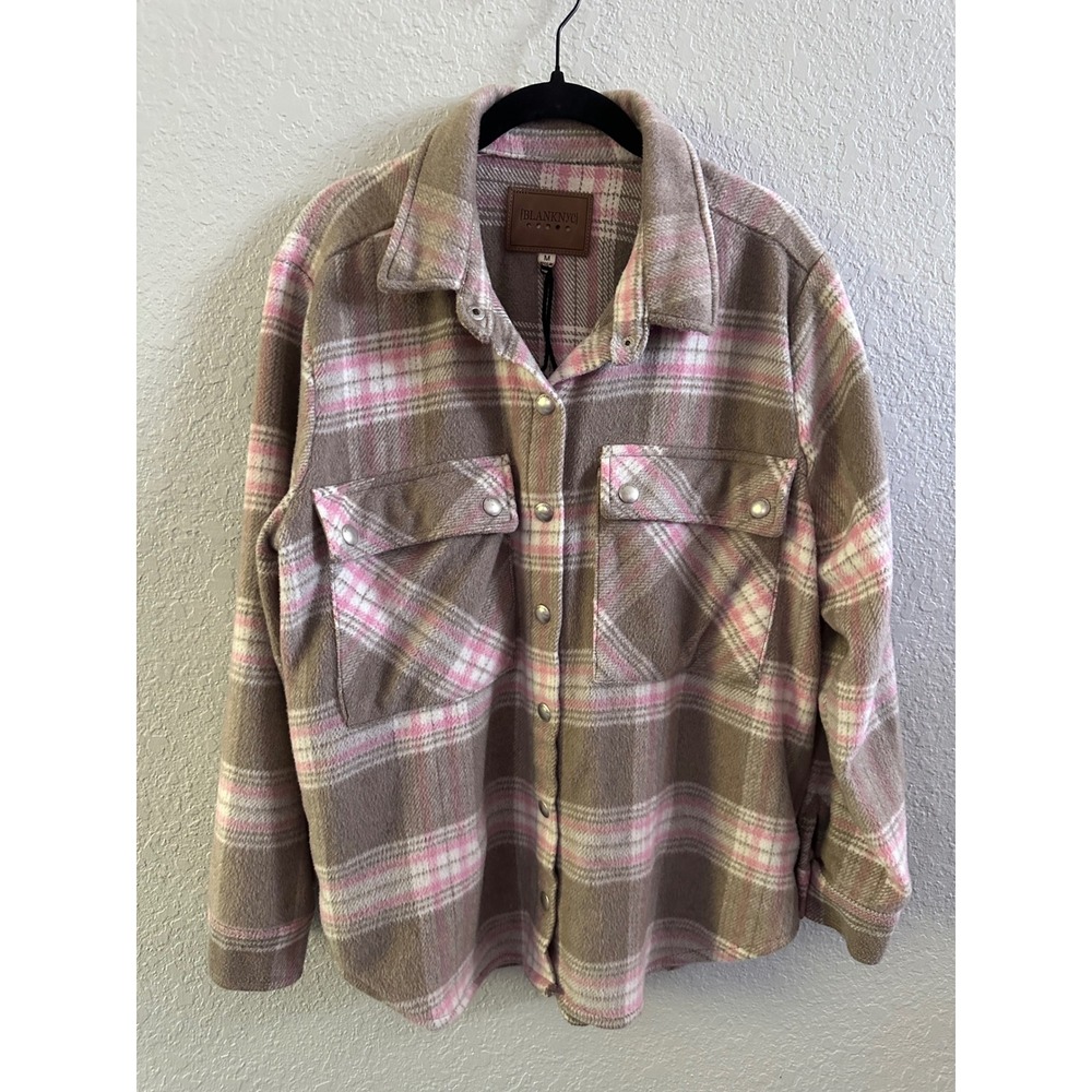 BlankNYC Women Plaid Shacket Taupe Pink Fleece Snap Button Shirt Jacket Medium